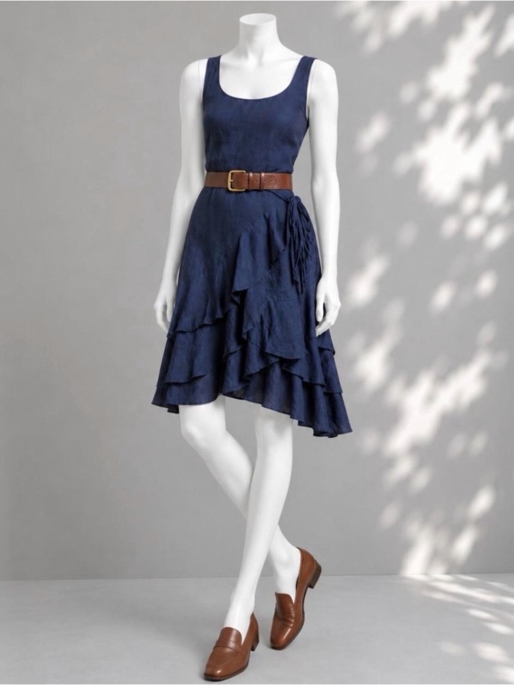 Vintage Ralph Lauren Navy Scoop Neck Tiered Ruffle Midi Dress - Picture 2 of 8